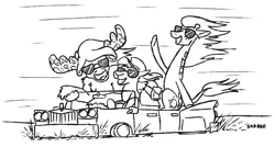Size: 961x516 | Tagged: artist:jargon scott, camel, car, driving, female, females only, giraffe, grayscale, lineart, lowrider, monochrome, moose, oc, open mouth, raised hoof, safe, simple background, speed lines, sunglasses, trio, trio female, unofficial characters only, white background, wind, windswept mane