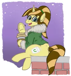 Size: 569x610 | Tagged: safe, artist:jargon scott, oc, oc:java chip, unofficial characters only, pony, unicorn, clothes, coffee, coffee cup, cup, drink, female, hoof hold, jacket, looking at you, mare, sitting, smiling, snow, snowfall, solo, two toned mane, two toned tail, underhoof, waving