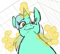 Size: 768x694 | Tagged: safe, artist:jargon scott, lyra heartstrings, pony, unicorn, female, glowing horn, hand, horn, looking at you, looking down, looking down at you, magic, magic hands, mare, smiling, solo, worm's eye view