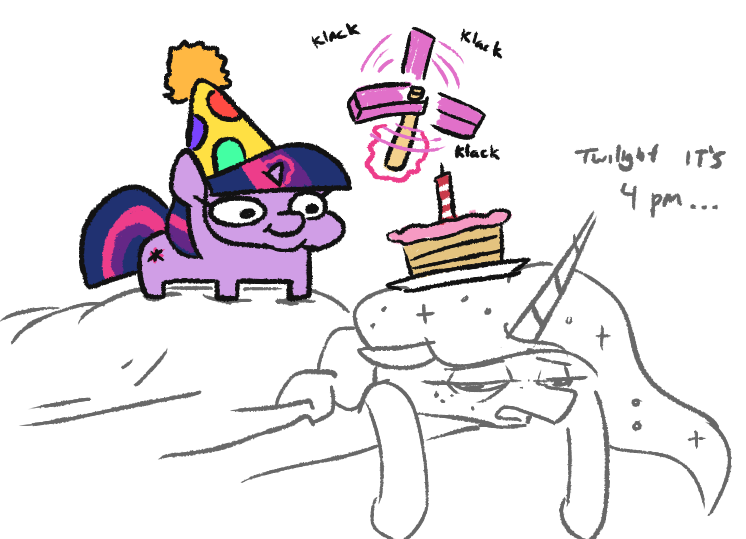 Size: 746x539 | Tagged: safe, artist:jargon scott, princess luna, twilight sparkle, alicorn, pony, unicorn, bed, birthday cake, cake, candle, duo, female, filly, filly twilight sparkle, food, hat, inconvenient twilight, nightcap, noisemaker, party hat, simple background, squatpony, tired, twiggie, unicorn twilight, white background, younger