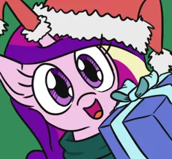 Size: 303x280 | Tagged: safe, artist:jargon scott, derpibooru import, princess cadance, alicorn, pony, christmas, clothes, cute, cutedance, female, green background, hat, hi anon, holiday, horn, horn sock, image, looking at you, mare, meme, open mouth, open smile, png, present, santa hat, simple background, smiling, smiling at you, solo, sweater