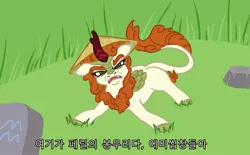 Size: 1007x624 | Tagged: artist:jargon scott, autumn blaze, female, filthy frank, hat, kirin, korean, looking at you, moon runes, safe, solo, subtitles, welcome to the rice fields