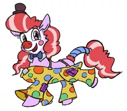 Size: 702x613 | Tagged: safe, artist:jargon scott, derpibooru import, oc, oc:clown pony, unofficial characters only, earth pony, pony, bowtie, clothes, clown, clown makeup, clown nose, female, hat, image, looking at you, mare, pants, png, simple background, solo, suspenders, tiny hat, top hat, white background