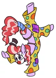 Size: 490x678 | Tagged: safe, artist:jargon scott, derpibooru import, oc, oc:clown pony, unofficial characters only, earth pony, pony, bowtie, clothes, clown, clown makeup, clown nose, female, hand stand, handstand, hat, image, mare, pants, png, simple background, solo, suspenders, tiny hat, top hat, upside down, white background