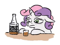 Size: 400x306 | Tagged: safe, artist:jargon scott, sweetie belle, pony, unicorn, alcohol, bags under eyes, drink, drunk, ears, female, filly, floppy ears, glass, jack daniels, shot glass, simple background, solo, white background