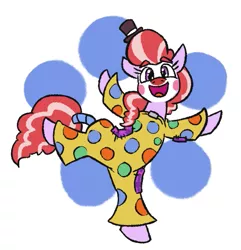 Size: 563x584 | Tagged: safe, artist:jargon scott, derpibooru import, oc, oc:clown pony, unofficial characters only, earth pony, pony, clown, clown makeup, clown nose, female, happy, hat, image, mare, open mouth, png, simple background, solo, standing, standing on one leg, tiny hat, top hat, white background