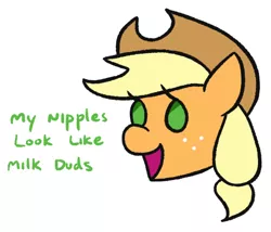 Size: 520x446 | Tagged: safe, artist:jargon scott, applejack, earth pony, pony, female, freckles, head only, mare, open mouth, simple background, smiling, solo, text, white background