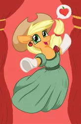 Size: 964x1467 | Tagged: safe, artist:jargon scott, applejack, earth pony, pony, applejack's hat, clothes, cowboy hat, dress, ear piercing, earring, female, flower, freckles, gloves, happy, hat, heart, jewelry, long gloves, mare, open mouth, piercing, rose, smiling, solo, speech bubble, underhoof