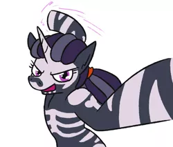 Size: 747x636 | Tagged: safe, artist:jargon scott, oc, oc:nyxzala, unofficial characters only, hybrid, zebra, zebracorn, dreadlocks, female, grein, image, imminent punch, lidded eyes, looking at you, mare, offscreen character, open mouth, png, pov, simple background, solo, white background