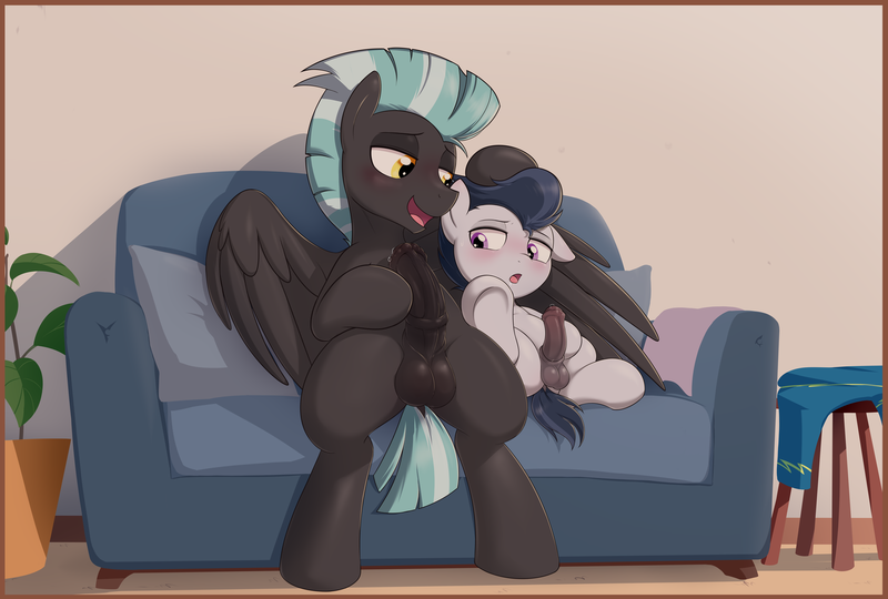Size: 7593x5130 | Tagged: explicit, artist:pestil, rumble, thunderlane, pegasus, pony, balls, bedroom eyes, blushing, brothers, colt, couch, erection, eyes on the prize, foal, foalcon, gay, horsecock, image, incest, male, males only, masturbation, nudity, open mouth, open smile, penis, pillow, png, precum, rumblelane, shipping, sitting, smiling, stallion, underage