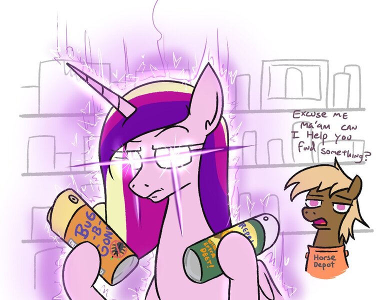 Size: 1126x875 | Tagged: safe, artist:jargon scott, part of a set, princess cadance, oc, unnamed oc, alicorn, pony, bug spray, female, glowing eyes, heart, holding, mare, open mouth, princess of love, question, raised eyebrow, shopping, spray bottle, thinking