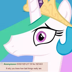 Size: 894x894 | Tagged: safe, edit, edited screencap, screencap, princess celestia, cropped, featured image, if only you knew how bad things really are, image, jpeg, meme, reaction image, scaredlestia, zoomed in