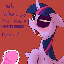 Size: 600x600 | Tagged: grimdark, artist:datte-before-dawn, edit, twilight sparkle, twilight sparkle (alicorn), oc, oc:anon, alicorn, human, pony, abuse, abuse edit, alicorn drama, crying, dialogue, drama, female, floppy ears, frown, holiday, mare, open mouth, red background, rejection, sad, shivering, simple background, twilybuse, valentine's day, wide eyes
