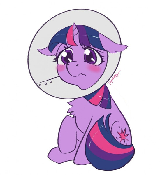 Size: 824x901 | Tagged: safe, artist:taytinabelle, edit, editor:drtoughlove, twilight sparkle, pony, unicorn, blushing, chest fluff, cone, cute, ear fluff, elizabethan collar, female, floppy ears, mare, raised hoof, sad, sadorable, simple background, sitting, solo, unicorn twilight, white background, wingless, wingless edit