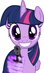 Size: 694x1151 | Tagged: safe, artist:sketchmcreations, edit, editor:drtoughlove, vector edit, twilight sparkle, twilight sparkle (alicorn), alicorn, pony, what about discord?, female, grin, gun, handgun, looking at you, mare, pistol, simple background, smiling, suddenly hands, transparent background, vector, vibe check, weapon