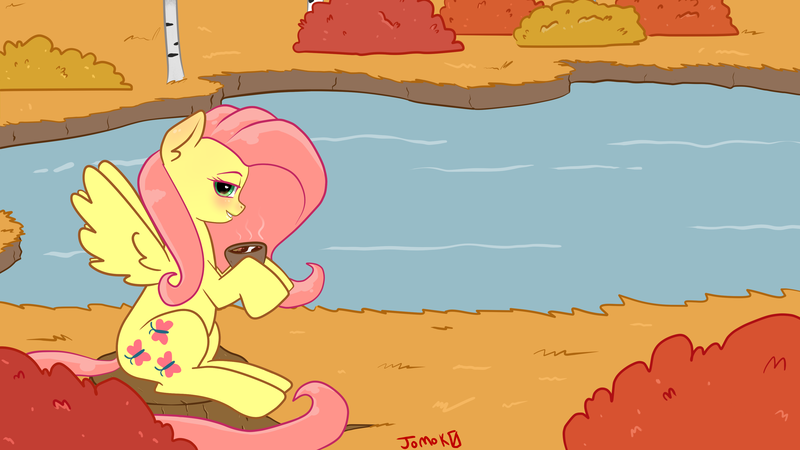 Size: 3840x2160 | Tagged: safe, artist:jomok0, fluttershy, pegasus, pony, autumn, blushing, bush, cup, detailed background, female, food, heart eyes, hoof hold, looking at you, mare, outdoors, pink mane, pink tail, pond, signature, sitting, smiling, solo, spread wings, steam, tea, tree, tree stump, water, wingding eyes, wings, yellow coat