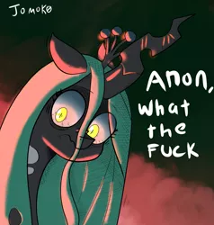 Size: 1145x1201 | Tagged: artist:jomok0, changeling, changeling queen, dialogue, disgusted, female, grossed out, looking at you, queen chrysalis, reaction image, safe, simple background, solo, text, three quarter view, vulgar