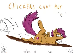Size: 1024x751 | Tagged: artist:rapid9, jumping, mud, pegasus, safe, scootachicken, scootaloo, scootaloo can't fly, simple background, white background