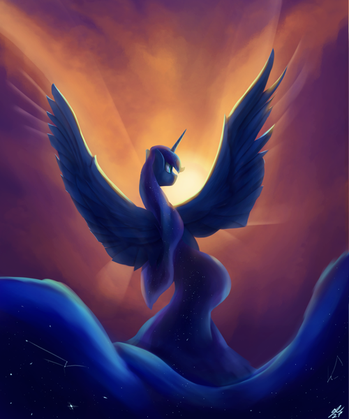 Size: 1800x2160 | Tagged: safe, artist:tenebrisnoctus, princess luna, alicorn, pony, facing away, female, mare, solo, spread wings, wings