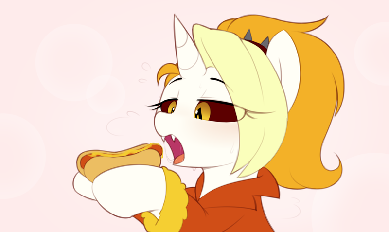 Size: 1524x908 | Tagged: suggestive, artist:shinodage, oc, oc:dyx, unofficial characters only, alicorn, pony, alicorn oc, clothes, eating, fangs, female, filly, food, horn, hot dog, meat, open mouth, salivating, sausage, solo, wings