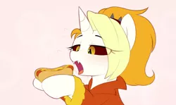 Size: 1524x908 | Tagged: suggestive, artist:shinodage, oc, oc:dyx, unofficial characters only, alicorn, pony, alicorn oc, clothes, eating, fangs, female, filly, food, horn, hot dog, meat, open mouth, salivating, sausage, solo, wings