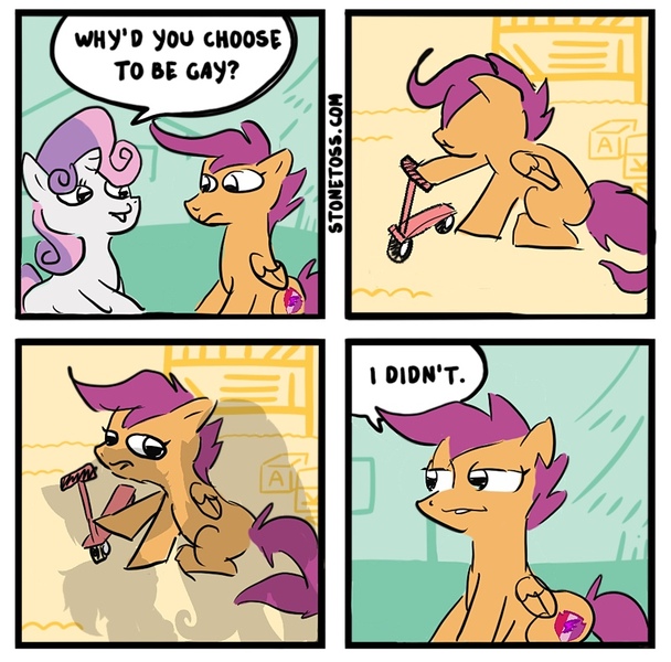 Size: 800x790 | Tagged: source needed, safe, artist:stonetoss, scootaloo, sweetie belle, pegasus, pony, unicorn, female, filly, parody, stonetoss