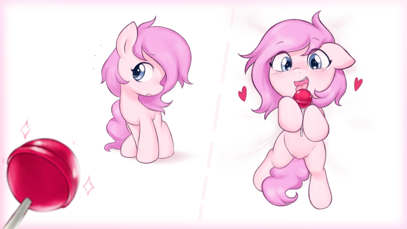 Size: 2880x1620 | Tagged: suggestive, artist:pestil, oc, unofficial characters only, earth pony, pony, candy, crotchboobs, female, filly, food, heart, licking, lollipop, nudity, simple background, teats, tongue out, white background