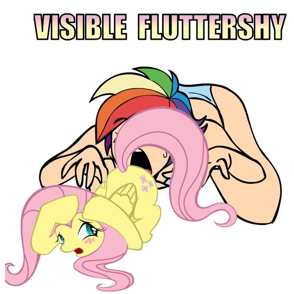 Size: 945x945 | Tagged: questionable, artist:megasweet, edit, fluttershy, rainbow dash, human, pony, blue underwear, bra, breasts, caption, clothes, comic, crop top bra, female, flutterdash, human on pony action, humanized, image macro, implied oral, implied sex, interspecies, invisible, lesbian, meme, panties, shipping, text, tongue out, underwear