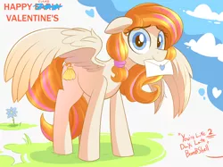 Size: 2874x2149 | Tagged: safe, artist:nignogs, oc, oc:bombshell, unofficial characters only, pegasus, pony, female, holiday, late, looking at you, love letter, mare, mouth hold, offscreen character, solo, spread wings, valentine's day, wings