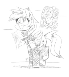 Size: 1071x1200 | Tagged: safe, artist:flutterthrash, derpy hooves, pegasus, pony, black and white, choker, clothes, ear piercing, female, fishnets, grayscale, jacket, leg warmers, mare, monochrome, piercing, solo, spiked choker