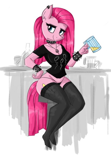 Size: 857x1200 | Tagged: suggestive, artist:flutterthrash, pinkie pie, anthro, earth pony, unguligrade anthro, alcohol, bar, beer, bracelet, breasts, choker, clothes, ear piercing, eyeshadow, female, hand on hip, jewelry, lidded eyes, makeup, necklace, panties, pentagram, piercing, pinkamena diane pie, shirt, smiling, socks, solo, spiked choker, spiked wristband, stool, thigh highs, t-shirt, underwear, wristband