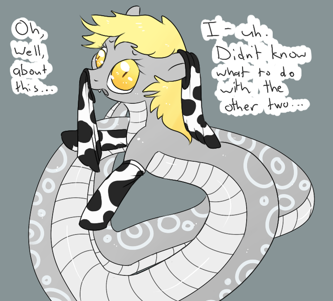 Size: 740x670 | Tagged: safe, artist:anonymous, artist:tilling-tan, derpibooru import, derpy hooves, lamia, original species, snake, clothes, cowprint, cow socks, cute, cyan background, derogatory portrayal, dialogue, distressed, drawthread, image, lamiafied, looking at you, png, simple background, snerpy, sock on ear, sock on nose, socks, solo, species swap