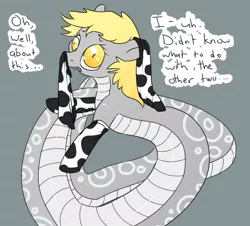 Size: 740x670 | Tagged: safe, artist:anonymous, artist:tilling-tan, derpibooru import, derpy hooves, lamia, original species, snake, clothes, cowprint, cow socks, cute, cyan background, derogatory portrayal, dialogue, distressed, drawthread, image, lamiafied, looking at you, png, simple background, snerpy, sock on ear, sock on nose, socks, solo, species swap