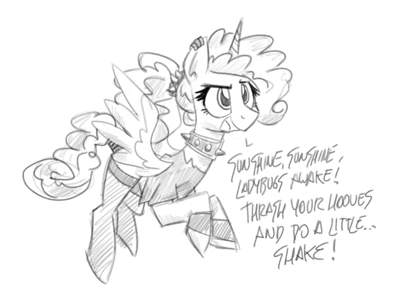 Size: 1200x931 | Tagged: safe, artist:flutterthrash, princess cadance, alicorn, pony, black and white, choker, clothes, ear piercing, female, grayscale, mare, monochrome, piercing, shirt, socks, solo, spiked choker, sunshine sunshine, t-shirt, tail wrap, teen princess cadance, thigh highs, wristband