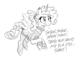 Size: 1200x931 | Tagged: safe, artist:flutterthrash, princess cadance, alicorn, pony, black and white, choker, clothes, ear piercing, female, grayscale, mare, monochrome, piercing, shirt, socks, solo, spiked choker, sunshine sunshine, t-shirt, tail wrap, teen princess cadance, thigh highs, wristband