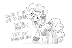 Size: 1200x798 | Tagged: safe, artist:flutterthrash, pinkie pie, earth pony, pony, black and white, choker, dialogue, ear piercing, female, fishnets, frown, grayscale, mare, monochrome, piercing, solo, spiked choker, tail wrap