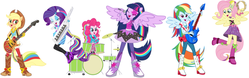 Size: 17591x5535 | Tagged: dead source, safe, artist:birdalliance, derpibooru import, applejack, fluttershy, pinkie pie, rainbow dash, rarity, sci-twi, sunset shimmer, twilight sparkle, twilight sparkle (alicorn), alicorn, equestria girls, rainbow rocks, shake your tail, absurd resolution, adobe illustrator, band, bass guitar, boots, clothes, cowboy hat, drum kit, drums, drumsticks, electric guitar, eyes closed, guitar, hat, humane five, humane six, keytar, microphone, musical instrument, open mouth, playing, ponied up, shoes, simple background, singing, stetson, tambourine, the rainbooms, transparent background, vector, wristband