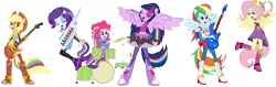 Size: 17591x5535 | Tagged: dead source, safe, artist:birdalliance, derpibooru import, applejack, fluttershy, pinkie pie, rainbow dash, rarity, sci-twi, sunset shimmer, twilight sparkle, twilight sparkle (alicorn), alicorn, equestria girls, rainbow rocks, shake your tail, absurd resolution, adobe illustrator, band, bass guitar, boots, clothes, cowboy hat, drum kit, drums, drumsticks, electric guitar, eyes closed, guitar, hat, humane five, humane six, keytar, microphone, musical instrument, open mouth, playing, ponied up, shoes, simple background, singing, stetson, tambourine, the rainbooms, transparent background, vector, wristband