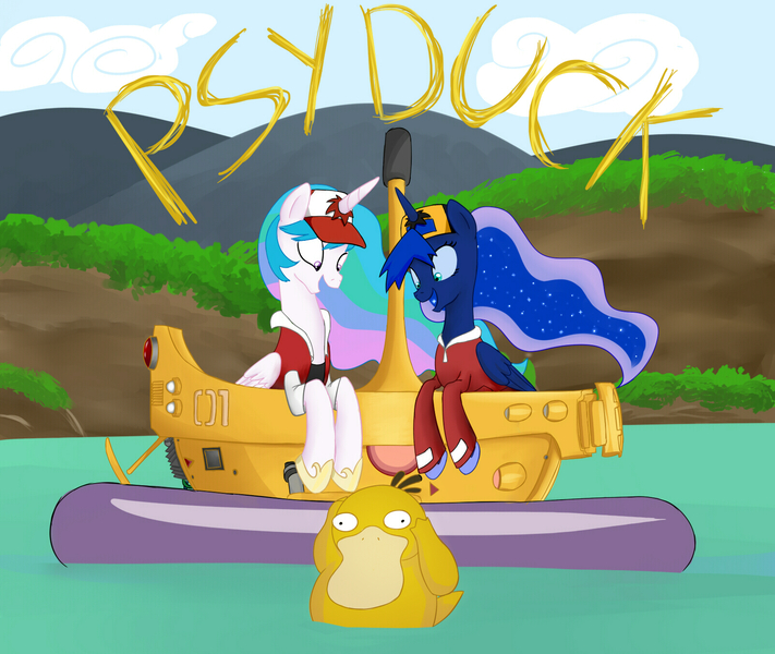 Size: 1600x1350 | Tagged: safe, artist:patty-plmh, derpibooru import, princess celestia, princess luna, alicorn, pony, psyduck, two best sisters play, baseball cap, boat, cap, clothes, crossover, ethereal mane, female, hat, image, jpeg, mare, op, open mouth, outdoors, pokémon, pokémon snap, starry mane