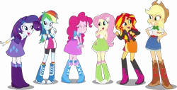Size: 18931x9629 | Tagged: safe, artist:twls7551, derpibooru import, applejack, fluttershy, pinkie pie, rainbow dash, rarity, sunset shimmer, equestria girls, rainbow rocks, absurd resolution, apple, boots, clothes, compression shorts, cowboy boots, cowboy hat, cute, denim skirt, eyes closed, fist, food, freckles, happy, hat, high heel boots, humane five, jacket, leather jacket, open mouth, shoes, simple background, skirt, smiling, socks, stetson, transparent background, vector, wristband