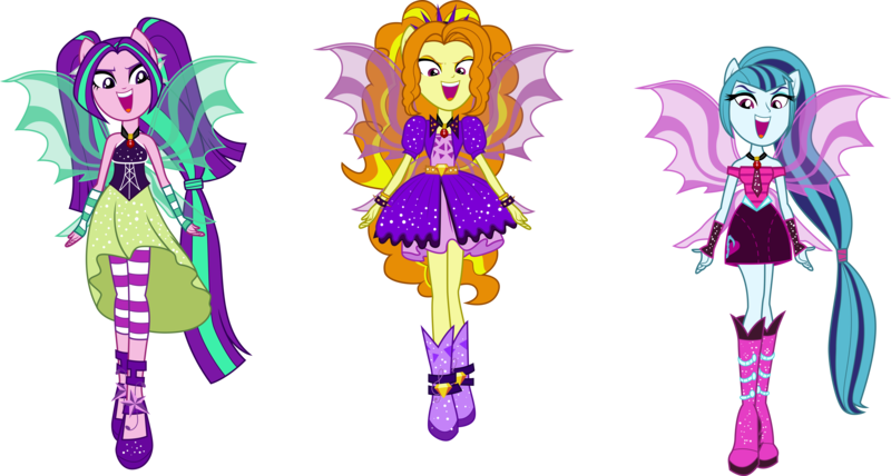 Size: 16197x8672 | Tagged: safe, artist:illumnious, derpibooru import, adagio dazzle, aria blaze, sonata dusk, equestria girls, rainbow rocks, absurd resolution, boots, clothes, high heel boots, high heels, ponied up, ponytail, shoes, simple background, sleeveless, sparkles, the dazzlings, transparent background, vector, welcome to the show, wings