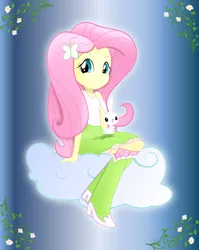 Size: 14032x17638 | Tagged: safe, artist:rainbownspeedash, derpibooru import, angel bunny, fluttershy, equestria girls, absurd resolution, boots, clothes, cloud, cute, high heel boots, shoes, shyabetes, sitting, skirt, smiling, socks, tanktop