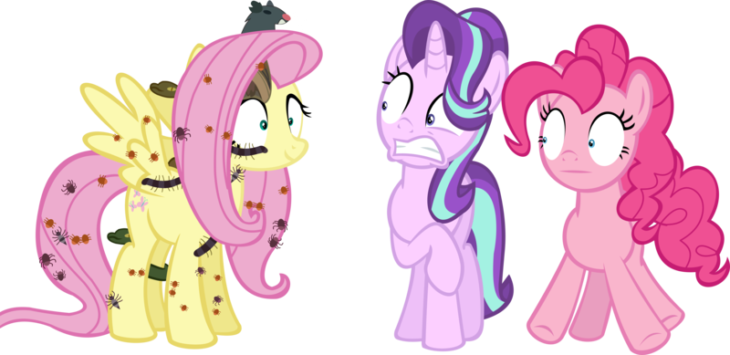 Size: 16031x7795 | Tagged: safe, artist:cyanlightning, derpibooru import, fluttershy, pinkie pie, starlight glimmer, ant, centipede, earth pony, insect, pegasus, pony, rat, snake, unicorn, every little thing she does, .svg available, absurd resolution, animal, creepy crawlies, female, hypnosis, hypnotized, mare, nightmare fuel, raised hoof, simple background, transparent background, vector, wide eyes