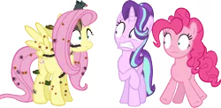 Size: 16031x7795 | Tagged: safe, artist:cyanlightning, derpibooru import, fluttershy, pinkie pie, starlight glimmer, ant, centipede, earth pony, insect, pegasus, pony, rat, snake, unicorn, every little thing she does, .svg available, absurd resolution, animal, creepy crawlies, female, hypnosis, hypnotized, mare, nightmare fuel, raised hoof, simple background, transparent background, vector, wide eyes