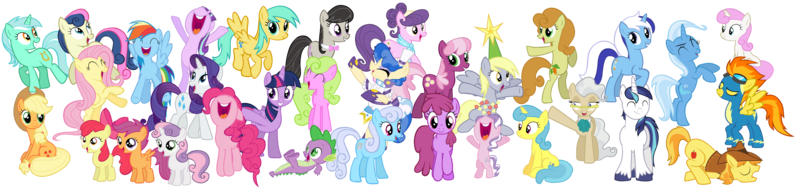 Size: 16600x4000 | Tagged: safe, artist:tardifice, derpibooru import, apple bloom, applejack, berry punch, berryshine, bon bon, braeburn, carrot top, cheerilee, daisy, derpy hooves, diamond tiara, flower wishes, fluttershy, golden harvest, lemon hearts, linky, lyra heartstrings, mayor mare, minuette, octavia melody, pinkie pie, rainbow dash, rarity, sapphire shores, scootaloo, shining armor, shoeshine, spike, spitfire, starlight glimmer, sunshower raindrops, suri polomare, sweetie belle, sweetie drops, trixie, twilight sparkle, twilight sparkle (alicorn), twinkleshine, alicorn, dragon, earth pony, pegasus, pony, unicorn, absurd resolution, bipedal, celebration, cutie mark crusaders, derpy star, female, happy, mane six, nose in the air, simple background, smiling, transparent background, vector