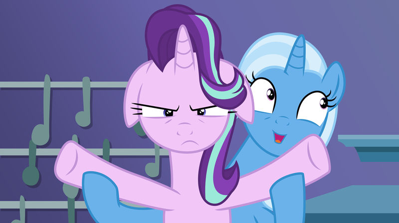 Size: 17376x9713 | Tagged: safe, artist:illumnious, derpibooru import, starlight glimmer, trixie, pony, unicorn, all bottled up, absurd resolution, duo, female, floppy ears, mare, starlight is not amused, trixie's puppeteering, unamused, vector