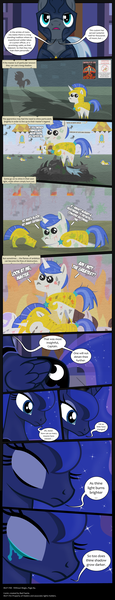 Size: 3295x17120 | Tagged: semi-grimdark, artist:perfectblue97, derpibooru import, princess luna, changeling, pony, comic:without magic, absurd resolution, blood, canterlot, comic, crying, cut, dead, fire, green blood, injured, male, night guard, pointy ponies, poster, royal guard, stallion