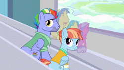 Size: 1280x720 | Tagged: safe, derpibooru import, edit, edited screencap, screencap, apple bloom, berry punch, berryshine, bow hothoof, dizzy twister, goldengrape, linky, orange swirl, pinkie feather, rainy feather, scootaloo, shoeshine, sir colton vines iii, sweet pop, sweetie belle, windy whistles, pony, parental glideance, animated, backwards cutie mark, cutie mark crusaders, greeting, micro, ponies the anthology vi, rainbow dash's parents, sound, squeaky belle, tiny, tiny ponies, webm