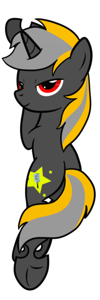 Size: 5907x17717 | Tagged: safe, artist:mimicproductions, derpibooru import, oc, oc:optic t-bone, unofficial characters only, changeling, pony, unicorn, absurd resolution, body pillow, body pillow design, changeling hooves, changeling oc, cutie mark, gray coat, half-closed eyes, lidded eyes, looking at you, looking back, looking back at you, lying, red eyes, seductive look, smiling, solo, yellow changeling