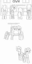 Size: 1319x2625 | Tagged: safe, artist:dsb71013, derpibooru import, oc, oc:maplejack, oc:misty monsoon, oc:night cap, oc:rhapsody, unofficial characters only, earth pony, pegasus, pony, bag, comic, female, male, mare, monochrome, pokémon, quartet, rear view, saddle bag, size difference, smiling, smirk, smol, stallion